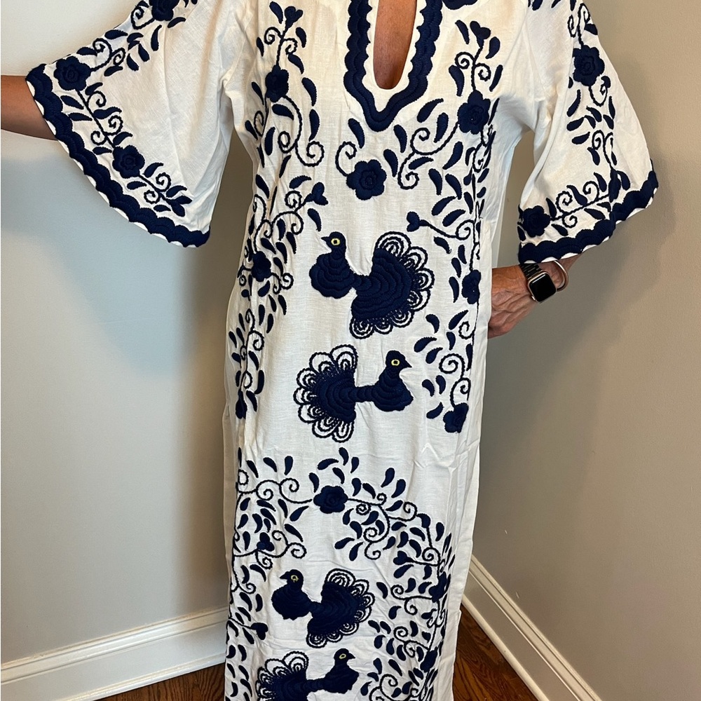 Frances Valentine Embroidered White and Blue Peacock Kaftan Dress